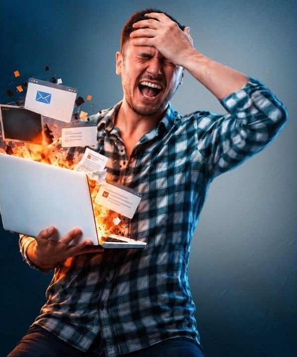 A frustrated office worker with a laptop as emails fly out of it